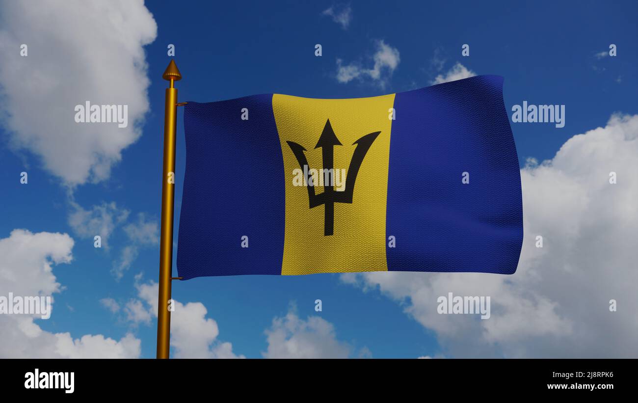 National flag of Barbados waving 3D Render with flagpole and blue sky, The Broken Trident or Barbados flag designed by Grantley Prescod, Lieutenant Stock Photo