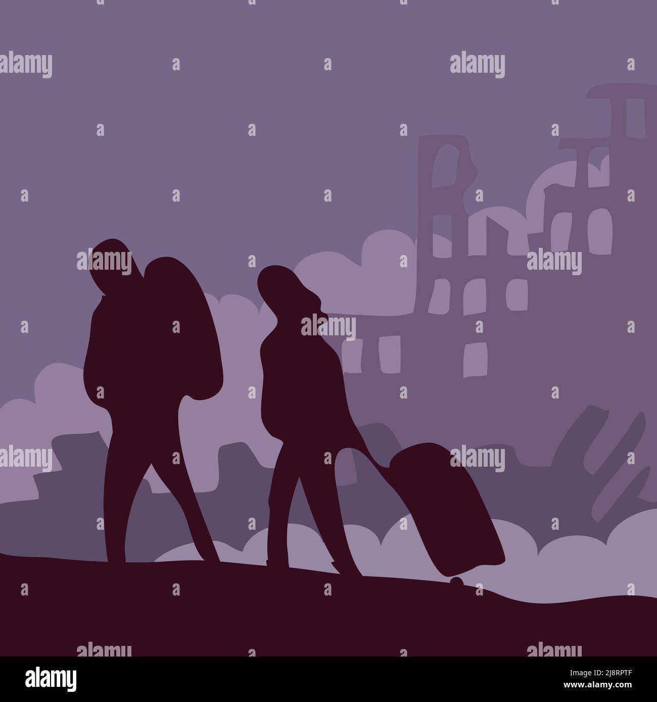 Family of refugees in a destroyed city. Man and woman in the ruins. The terrible consequences of war, earthquake and natural disaster. Panorama landsc Stock Vector