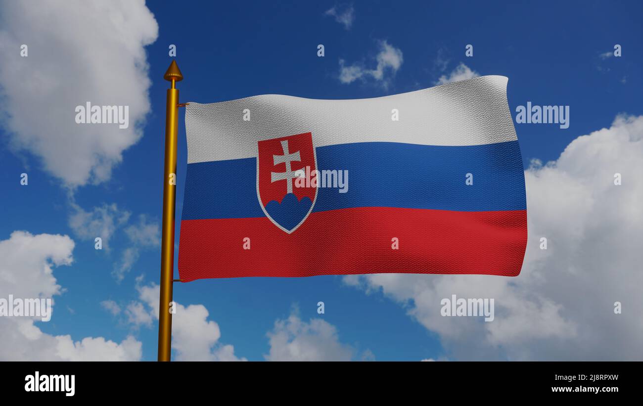 National flag of Slovakia waving 3D Render with flagpole and blue sky ...