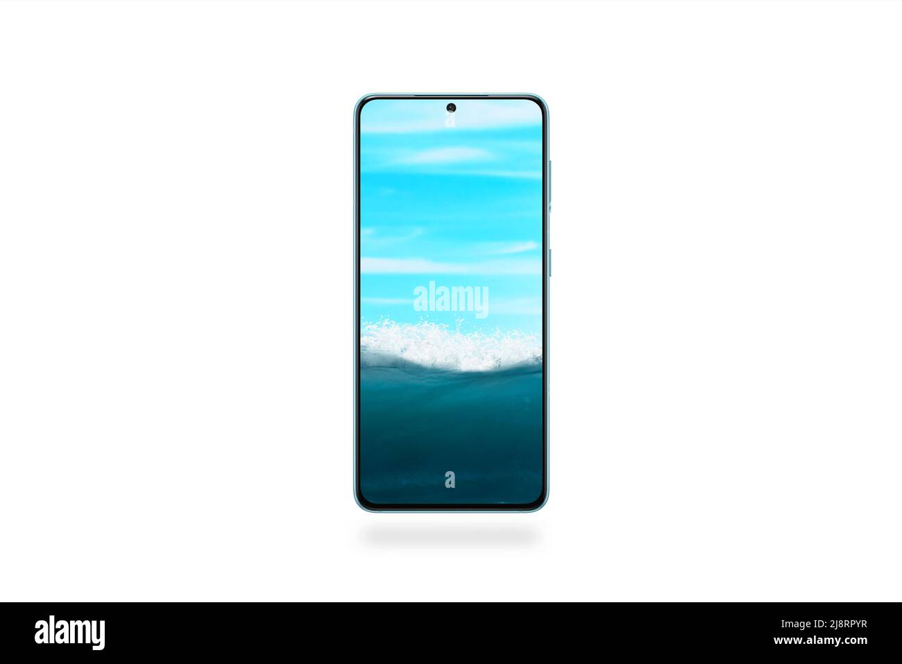 Under the sea and sky in phone display. Phone at sea invert, creative tehnology concept Stock Photo