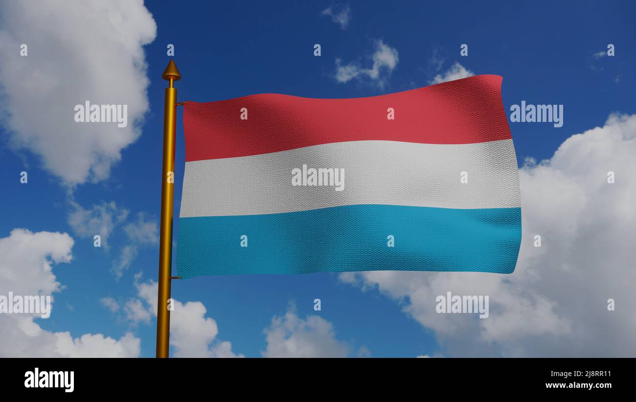 National flag of Luxembourg waving 3D Render with flagpole and blue sky, Letzebuerger Fandel or Flagge Luxemburgs or Drapeau du Luxembourg, Luxembourg Stock Photo