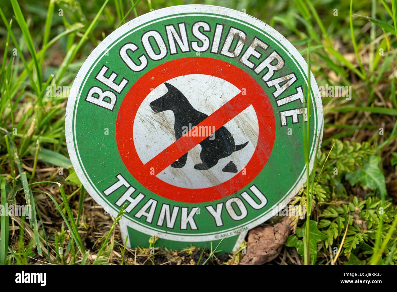 A sign at the side of a path encourages dog owners to be considerate and allow no dog fouling or clean up. Stock Photo