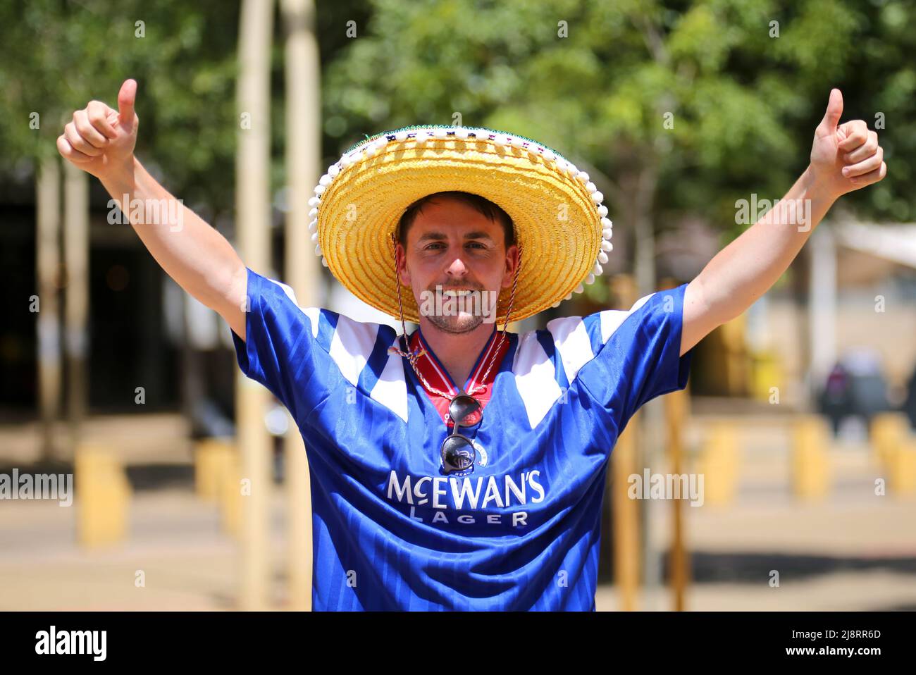 A Rangers fan at the Alameda de Hercules ahead of the UEFA Europa League Final at the Estadio Ramon Sanchez-Pizjuan, Seville. Picture date: Wednesday May 18, 2022. Stock Photo