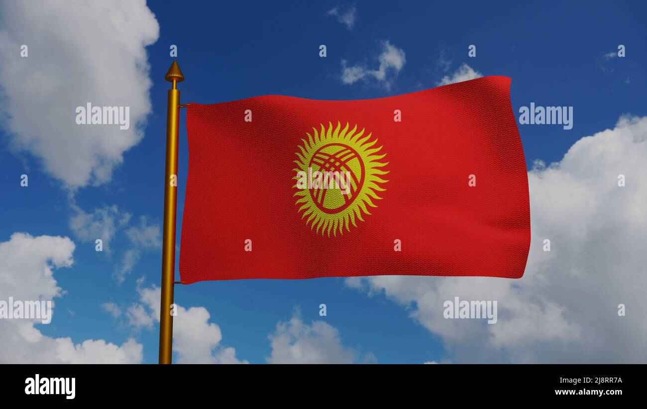 National Flag Of Kyrgyzstan Waving 3D Render With Flagpole And Blue Sky national-flag-of-kyrgyzstan-waving-3d-render-with-flagpole-and-blue-sky