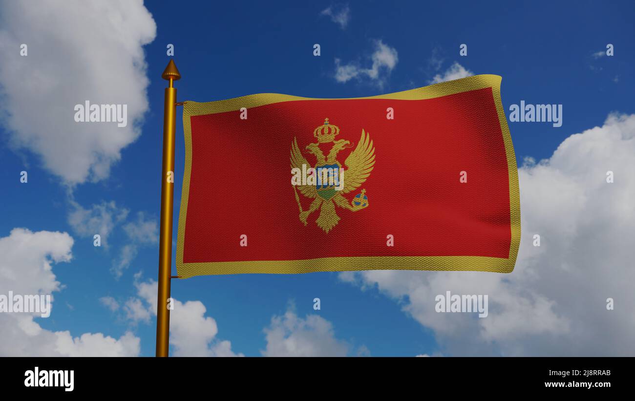 National flag of Montenegro waving 3D Render with flagpole and blue sky, Republic of Montenegro flag textile or Zastava Crne Gore, coat of arms Stock Photo