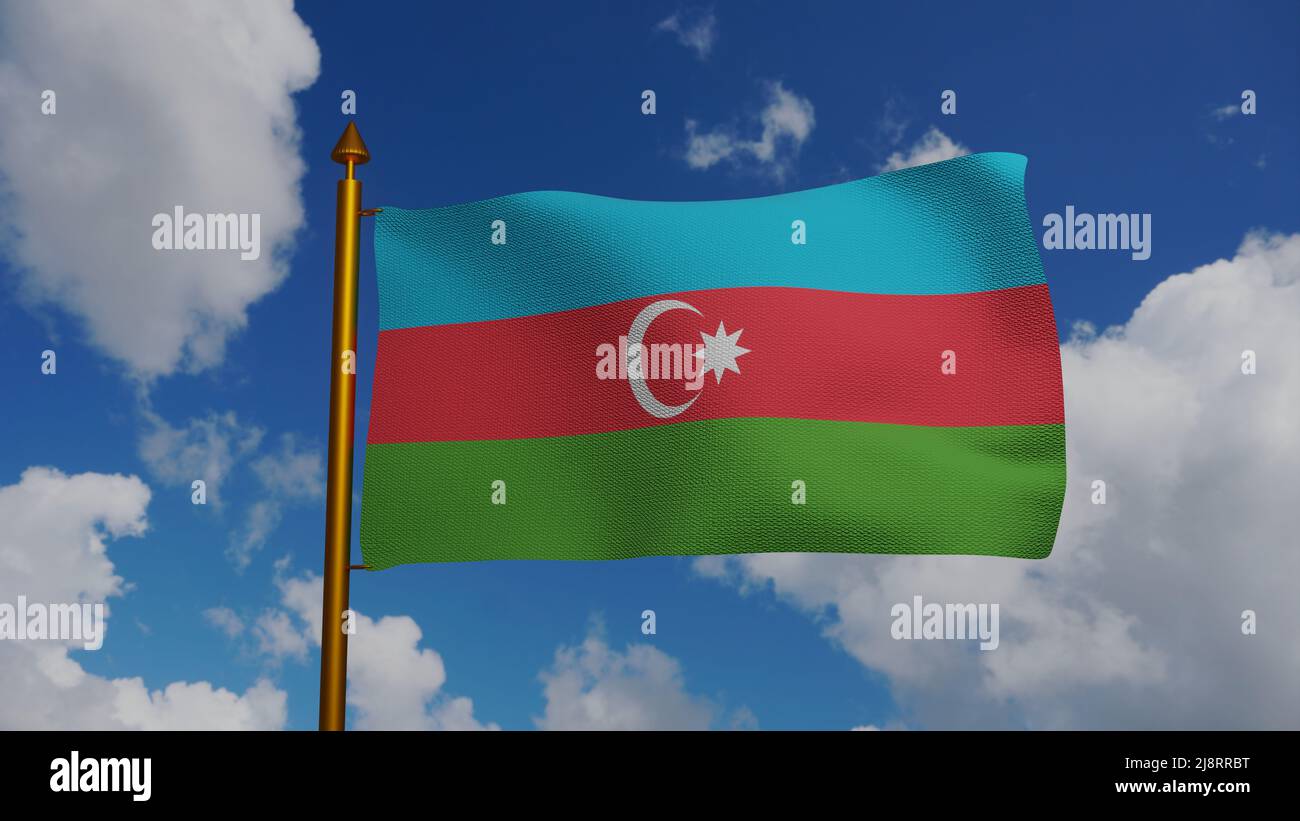 National flag of Republic of Azerbaijan waving 3D Render with flagpole and blue sky, Azerbaycan bayragi or Azerbaijanis Azeris, flag Azerbaijan Stock Photo