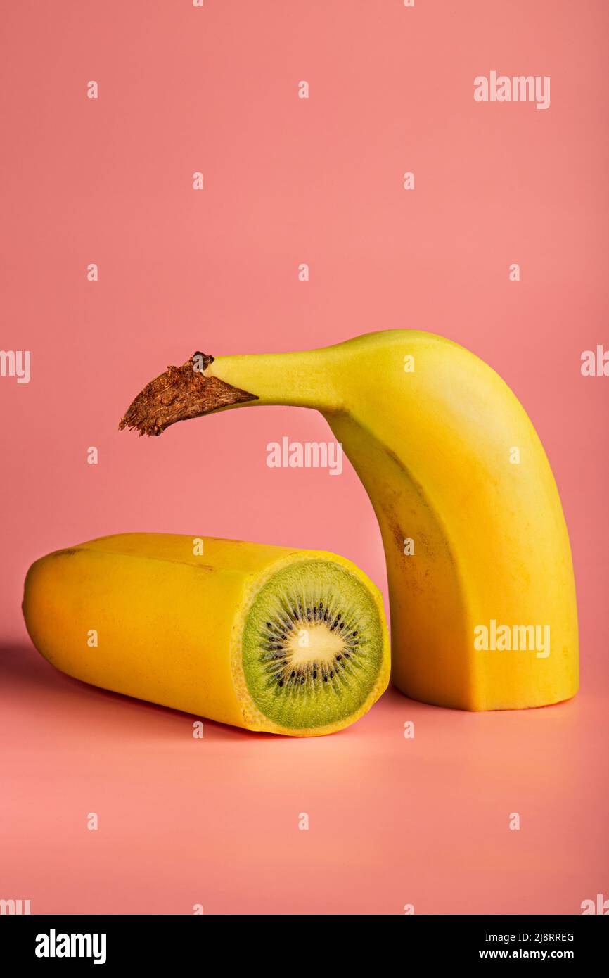 Surrealism Banana and Kiwi Stock Photo