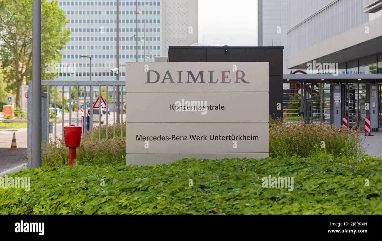 Stuttgart, Germany - July 28, 2021: Daimler sign at the headquarter (Konzernzentrale) at Stuttgart. Stock Photo