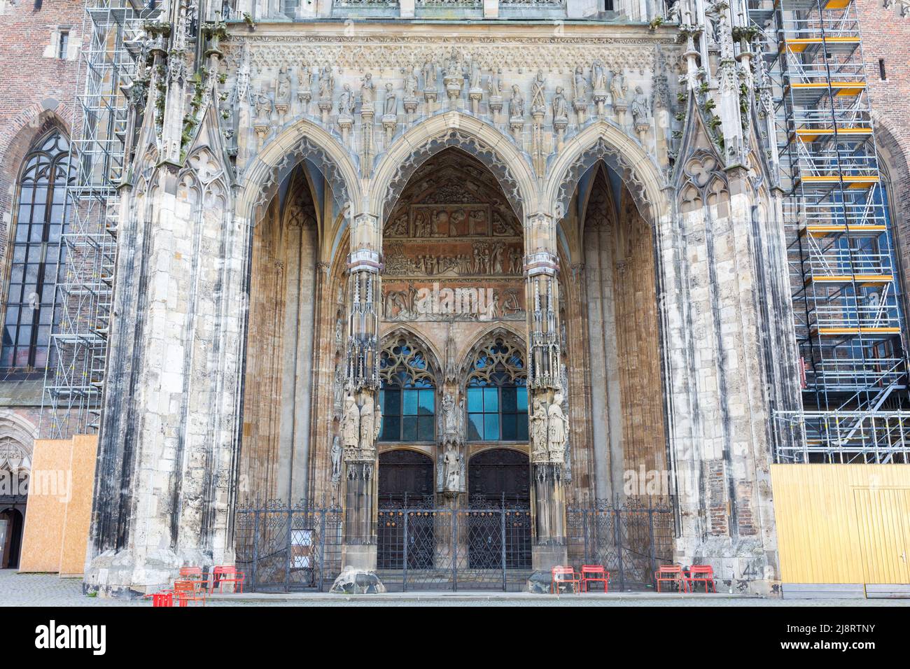 Ulm, Germany - Aug 8, 2021: View on main portal of Ulm Cathedral (Ulmer Münster). Stock Photo