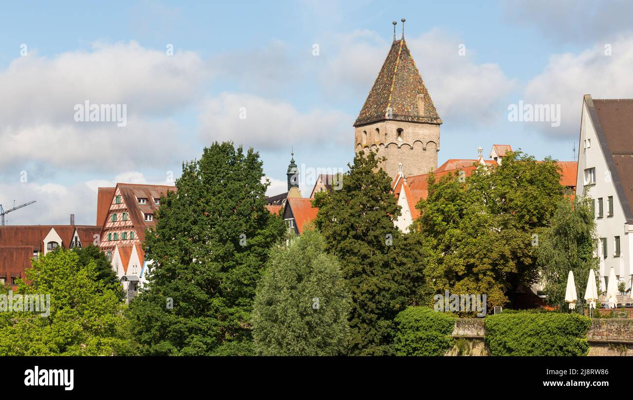 Ulm, Germany - Aug 8, 2021: View on the historical city center of Ulm. The tower is called Metzgerturm. Stock Photo