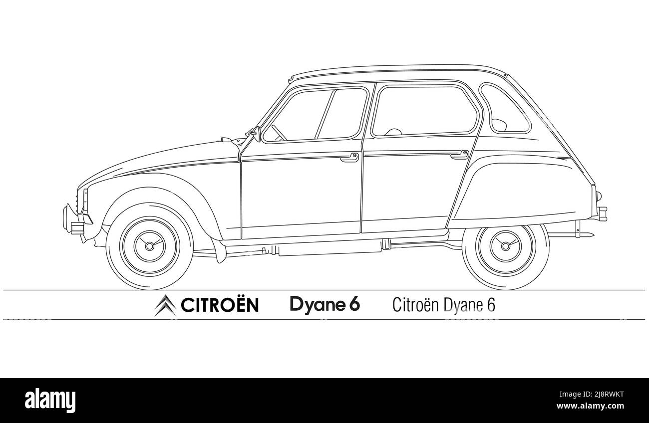 France, year 1970, Citroen Dyane 6 silhouette outlined drawing, vector illustration Stock Photo