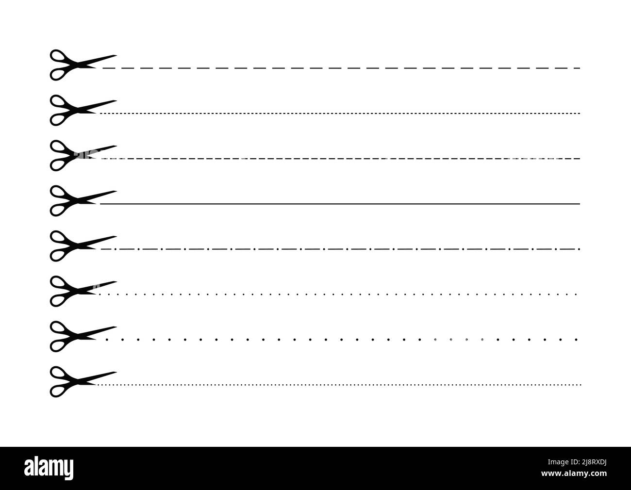 Scrissors cut dotted line with dash icon set. Stock Vector