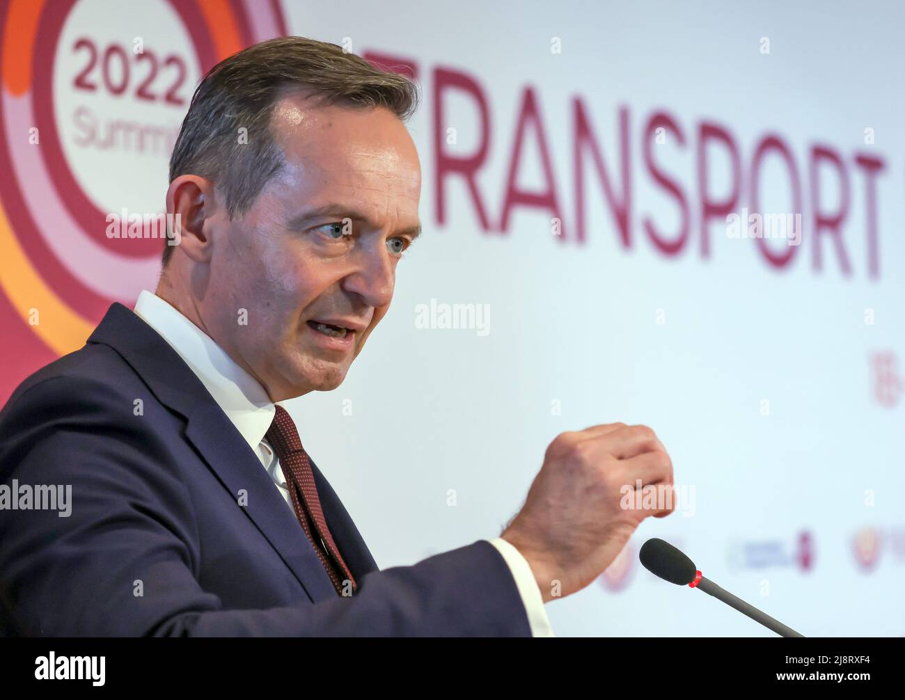 Leipzig, Germany. 18th May, 2022. Volker Wissing (FDP), Federal Minister of Transport, speaks at the International Transport Forum. Some 600 experts are expected to attend the three-day International Transport Forum, including numerous transport ministers from the 63 member states of the OECD's International Transport Forum (ITF). One focus this year should be Ukraine, with its blocked trade routes and infrastructure destroyed in the war. Credit: Jan Woitas/dpa/Alamy Live News Stock Photo