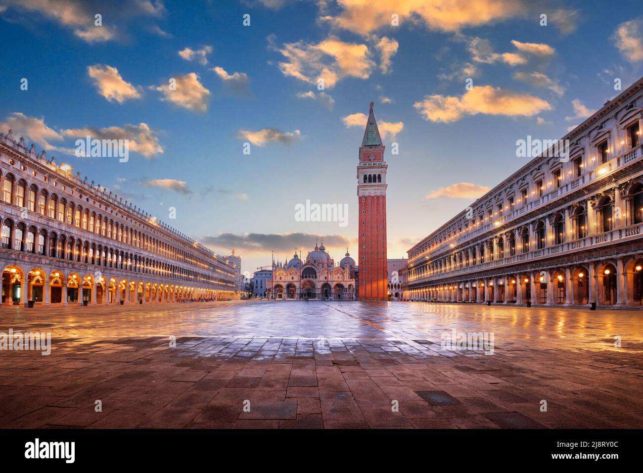 Venice, Italy at St. Mark's Square with the Basilica and Bell Tower at twilight. Stock Photo