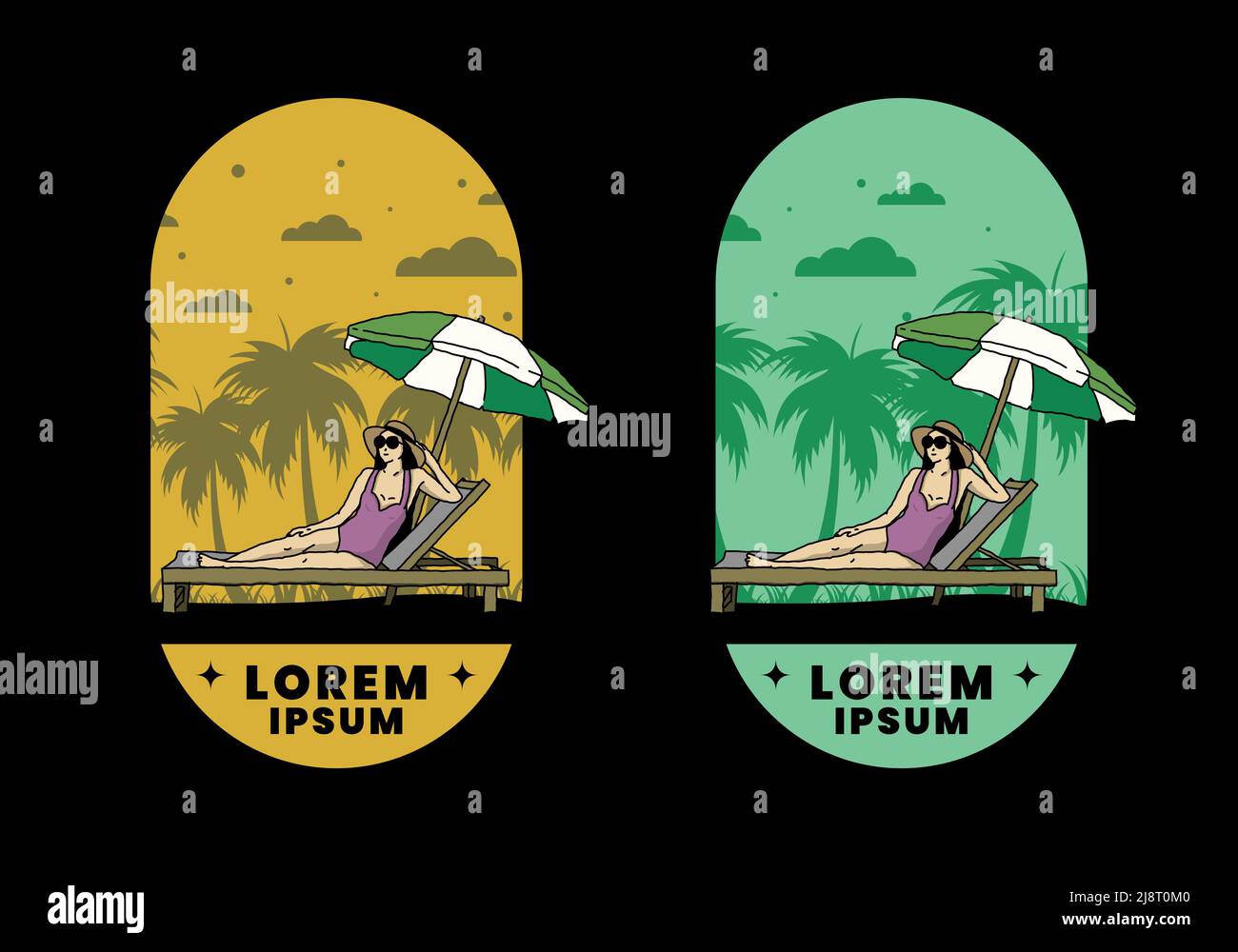 Relax on the beach chair under the umbrella illustration design Stock