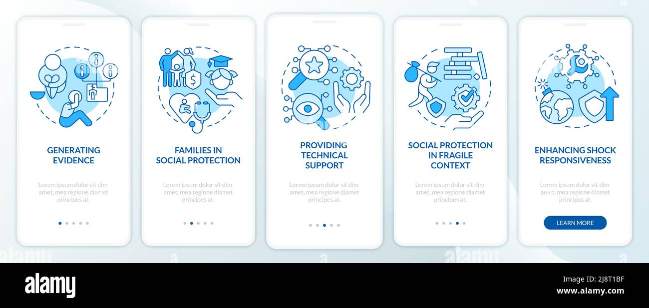 Social protection activities blue onboarding mobile app screen Stock ...