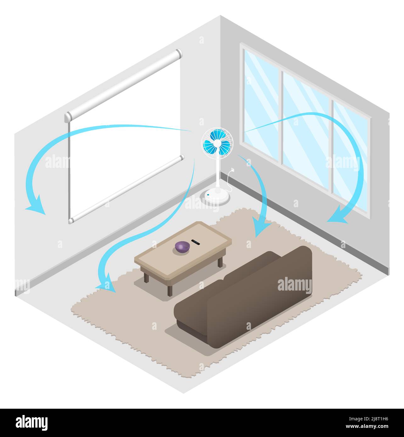 Isometric living room with home theater, projector screen and electric fan. Realistic 3D vector isolated on white background Stock Vector