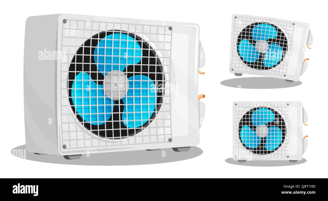 Air conditioner unit with three bladed fan. Room cooling and heating. Maintaining comfortable temperature in office. Cartoon vector isolated on white Stock Vector