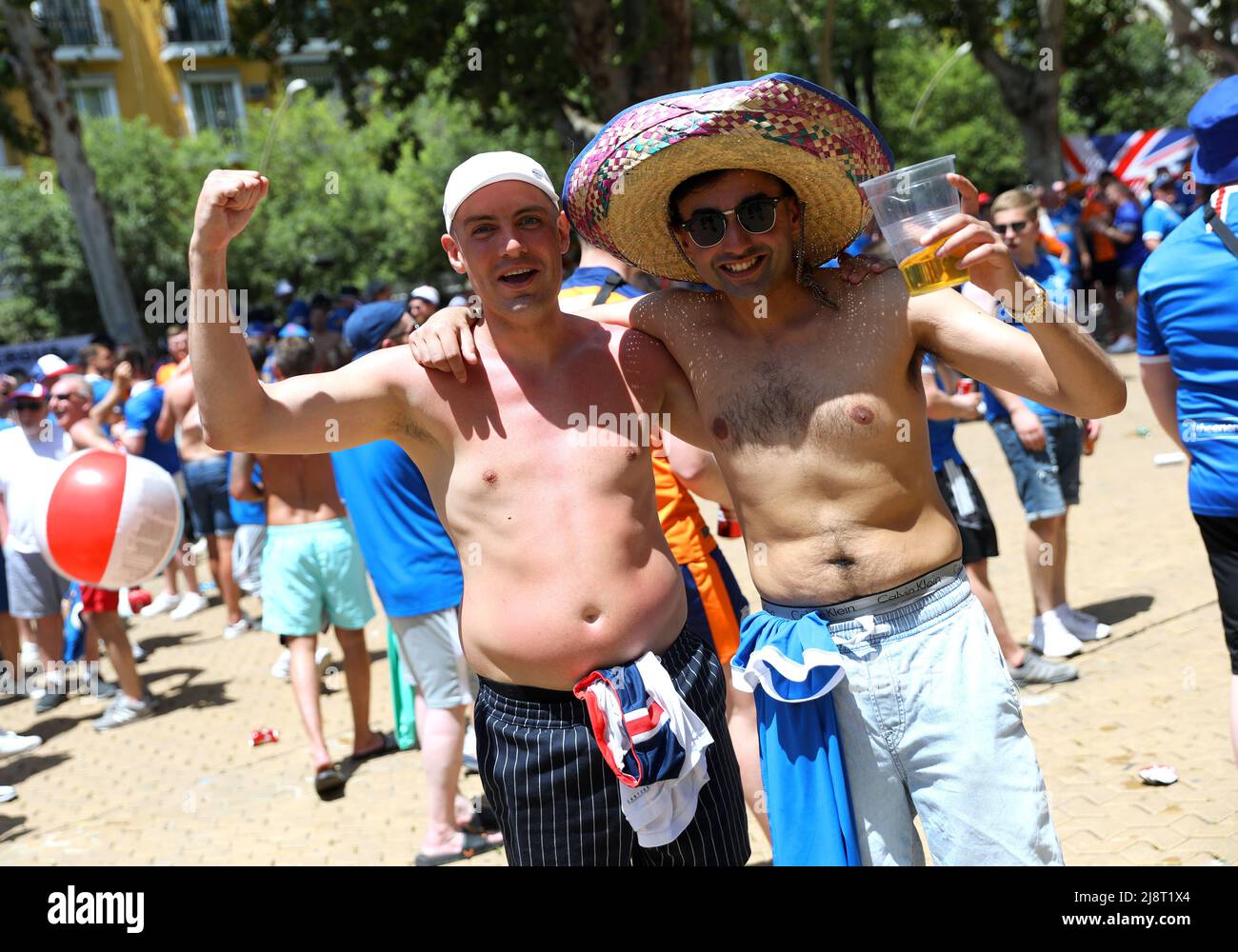 Rangers fans at the Alameda de Hercules ahead of the UEFA Europa League Final at the Estadio Ramon Sanchez-Pizjuan, Seville. Picture date: Wednesday May 18, 2022. Stock Photo