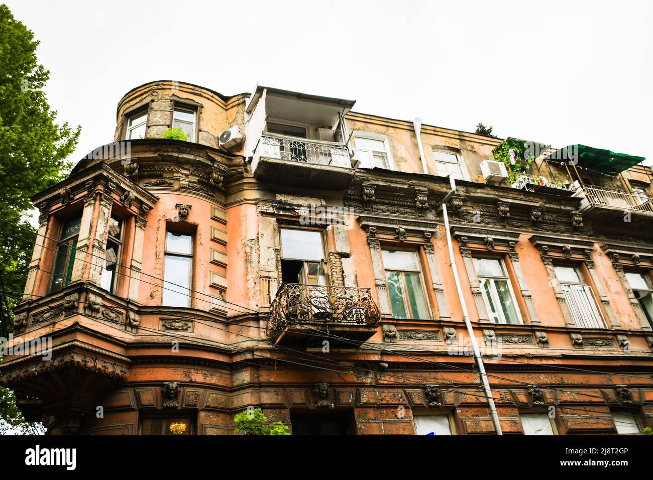 View up old balconies in old town sololaki district in Tbilisi, capital