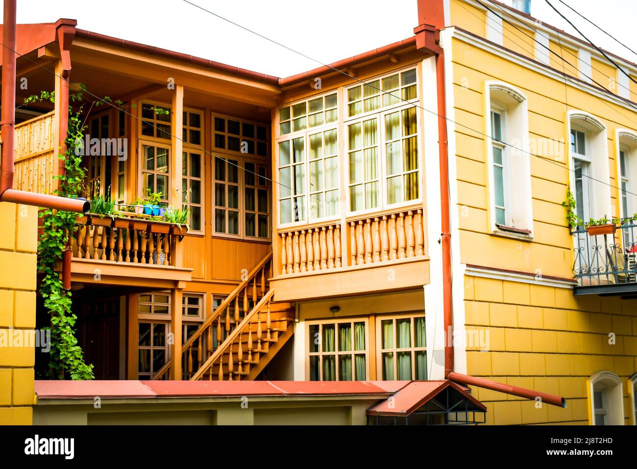 View up old balconies in old town sololaki district in Tbilisi, capital