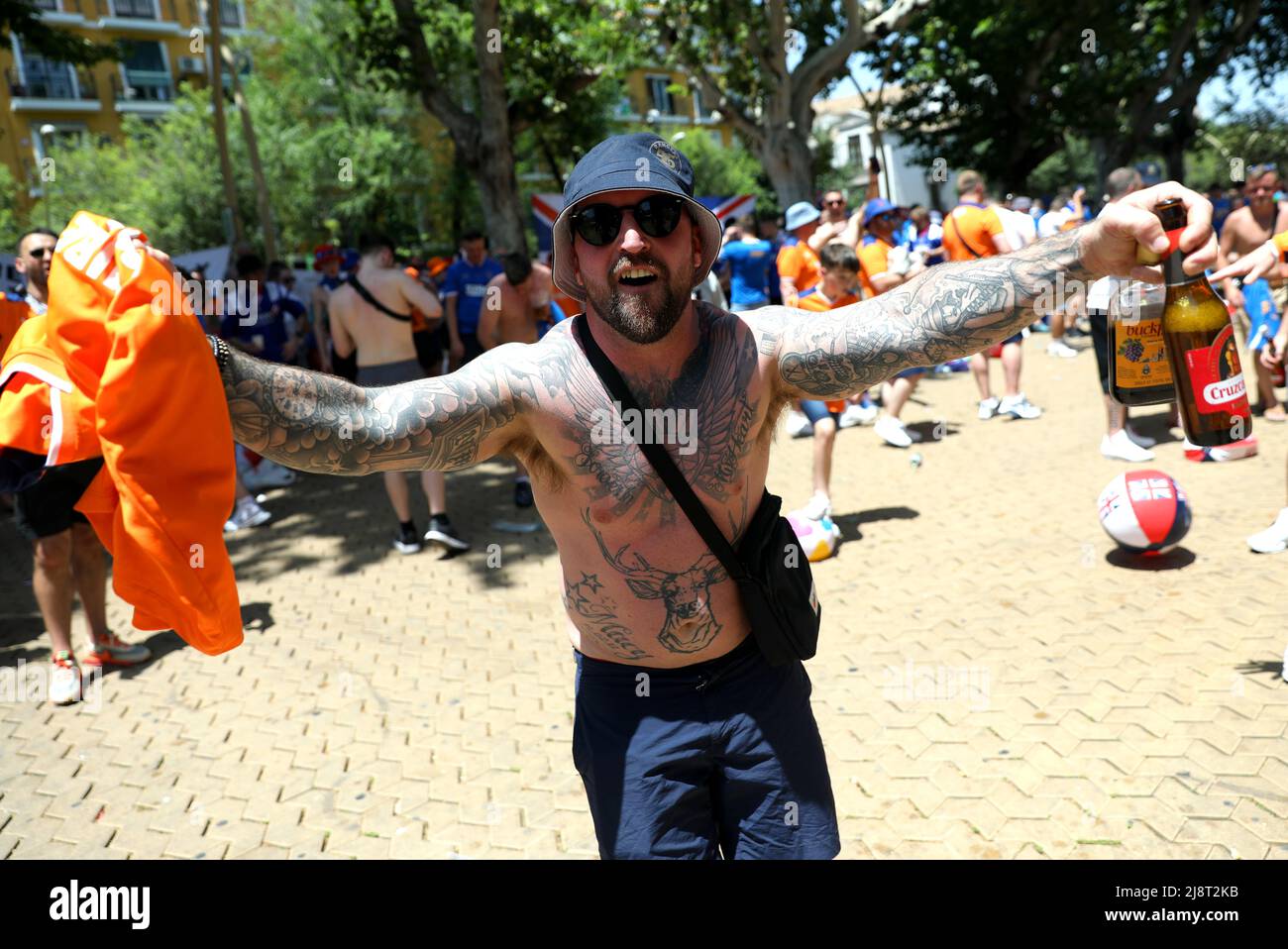 A Rangers fan at the Alameda de Hercules ahead of the UEFA Europa League Final at the Estadio Ramon Sanchez-Pizjuan, Seville. Picture date: Wednesday May 18, 2022. Stock Photo