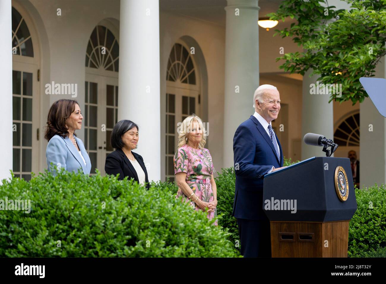 Washington, United States Of America. 16th May, 2022. Washington, United States of America. 16 May, 2022. U.S President Joe Biden, delivers remarks during a reception to celebrate Asian American, Native Hawaiian, and Pacific Islander Heritage Month in the Rose Garden of the White House, May 17, 2022 in Washington, DC Standing with the president are from left” Vice President Kamala Harris, U.S. Trade Representative Katherine Tai and First Lady Jill Biden. Credit: Adam Schultz/White House Photo/Alamy Live News Stock Photo