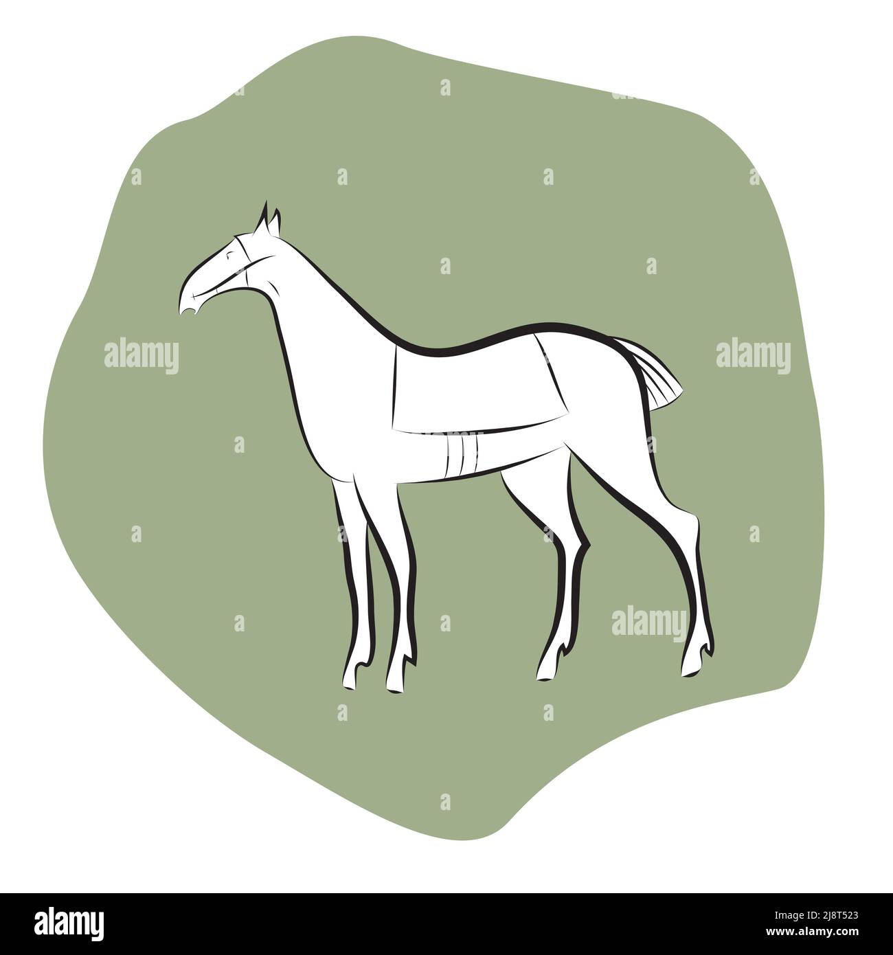 Black and white stallion silhouette on green spot background. Hand drawing steed isolated. Graceful elegant standing horse. Saddled mustang. Horse sym Stock Vector