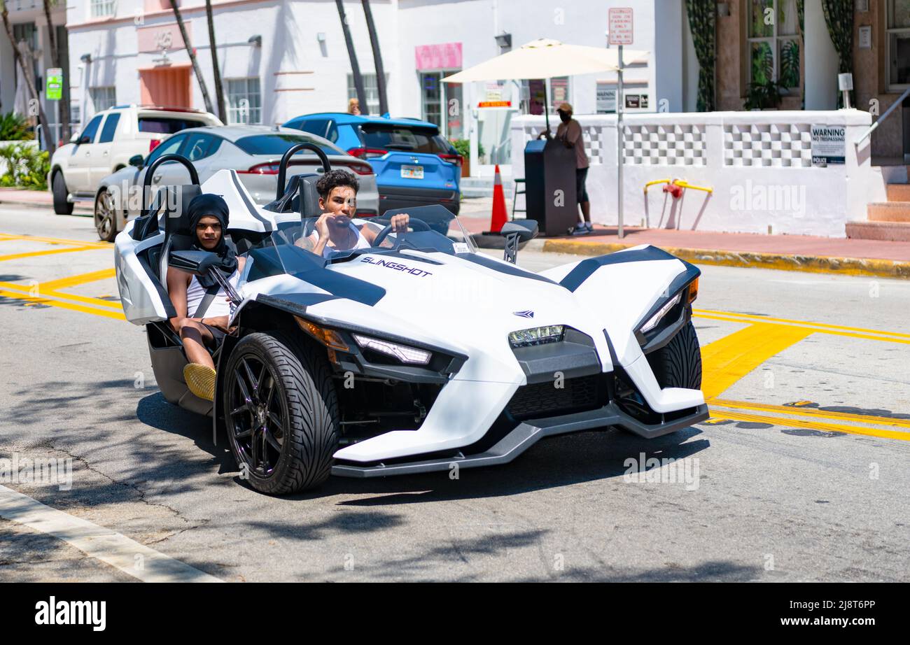 Miami Beach, Florida USA April 14, 2021 white polaris slingshot
