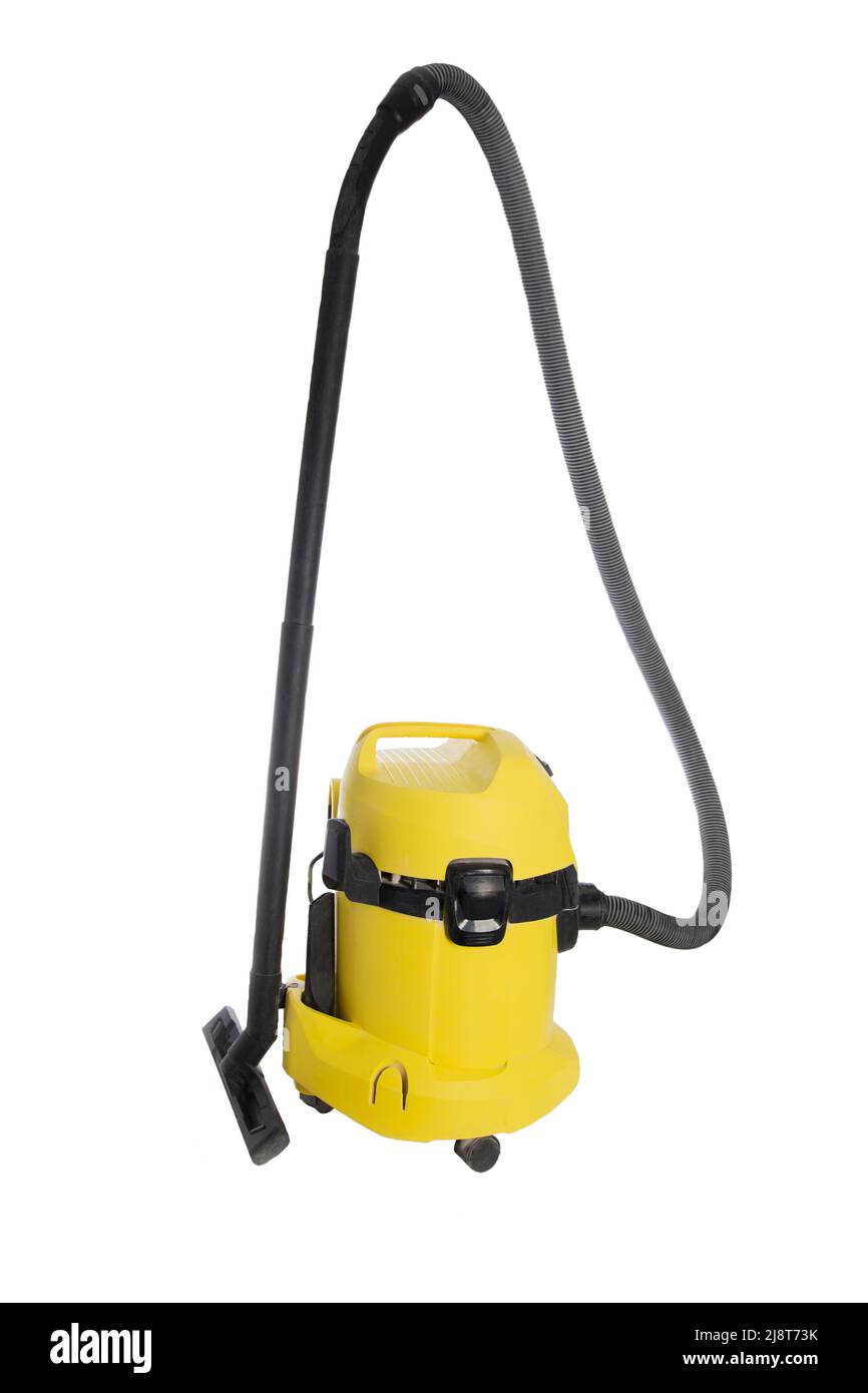 Yellow construction vacuum cleaner with a suction hose for liquids and