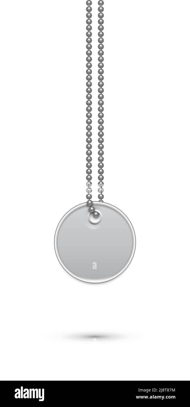 Empty round silver military or dogs badge hanging on steel chain. Vector army object isolated on white background. Pendant with blank space for identi Stock Vector
