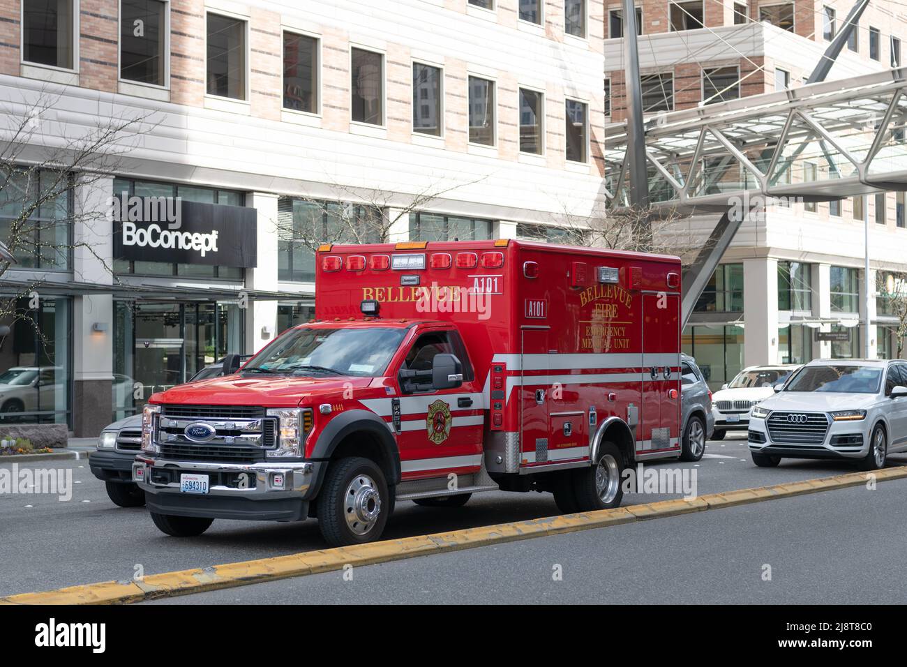 Seattle, Washington, USA - April 2, 2021: Bellevue Fire firetrucks red ford car Stock Photo