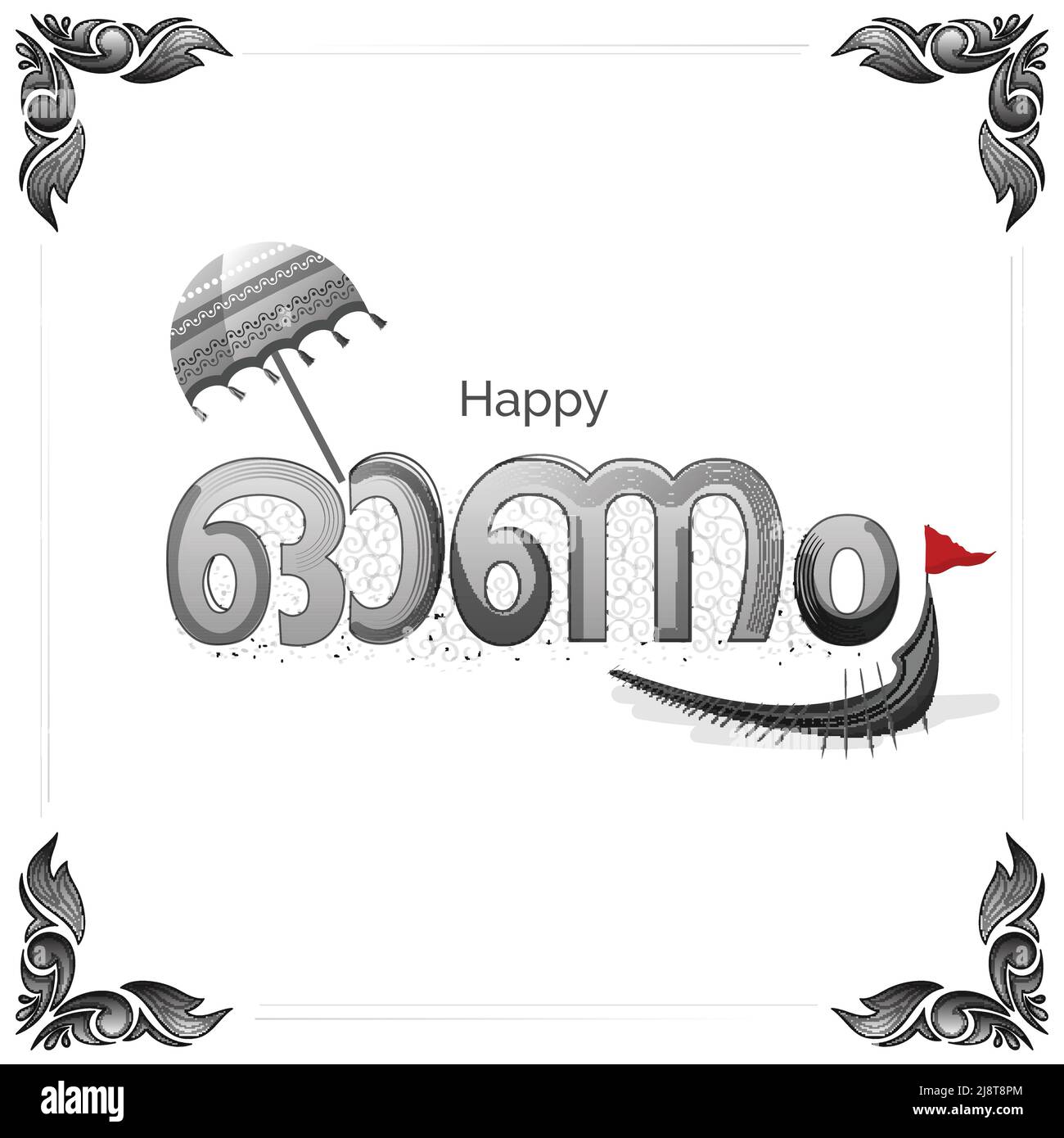 Happy Onam Lettering In Malayalam Language With Olakkuda (Umbrella
