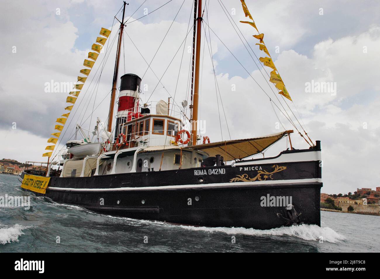 The offshore tug Pietro Micca, built in England in 1895 and still fully operational today, is the oldest steamship, also with sail rigging as a schooner, sailing in the Mediterranean today. Occasionally used in the past by the Italian environmental association Legambiente for its 'Goletta Verde' promotional campaign. Stock Photo