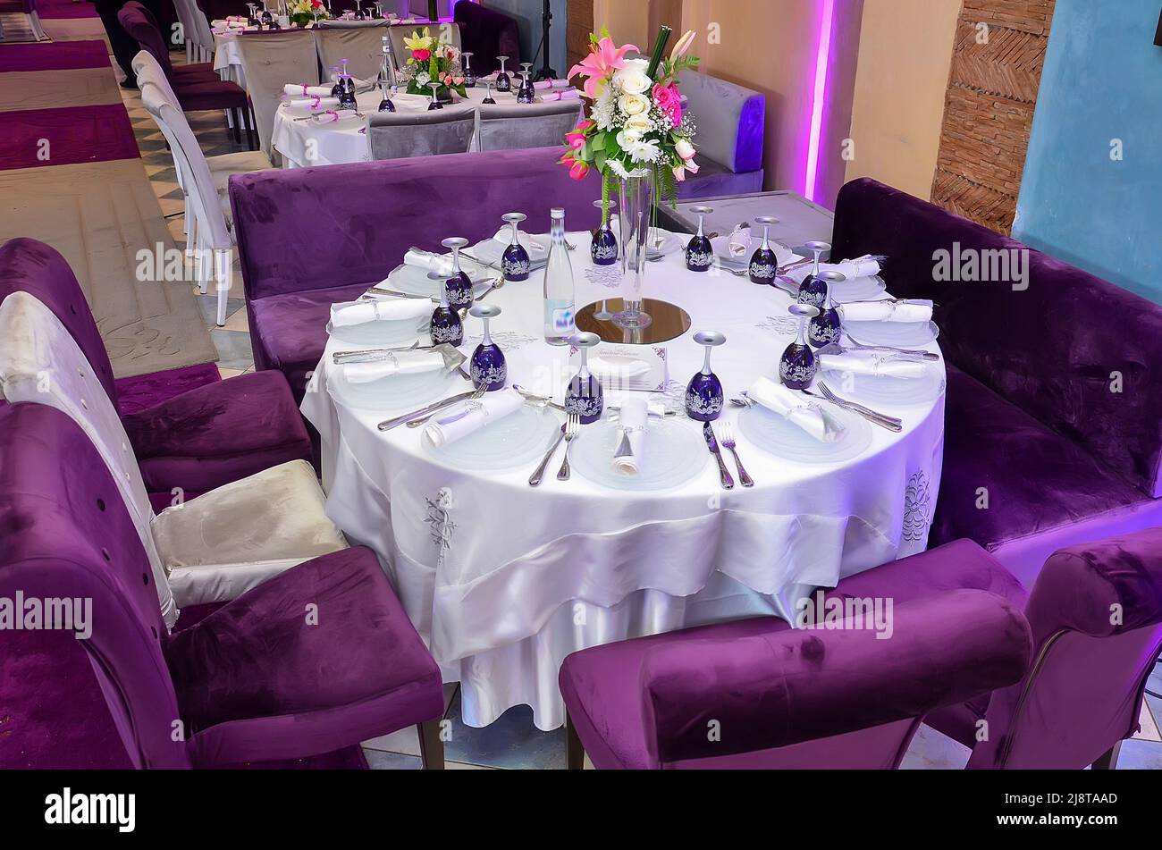 wedding celebration ceremony ballroom decorative tables Stock Photo