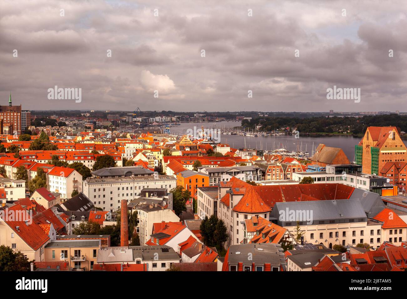 Hanseatic city Rostock at the Baltic Sea from above. Stock Photo
