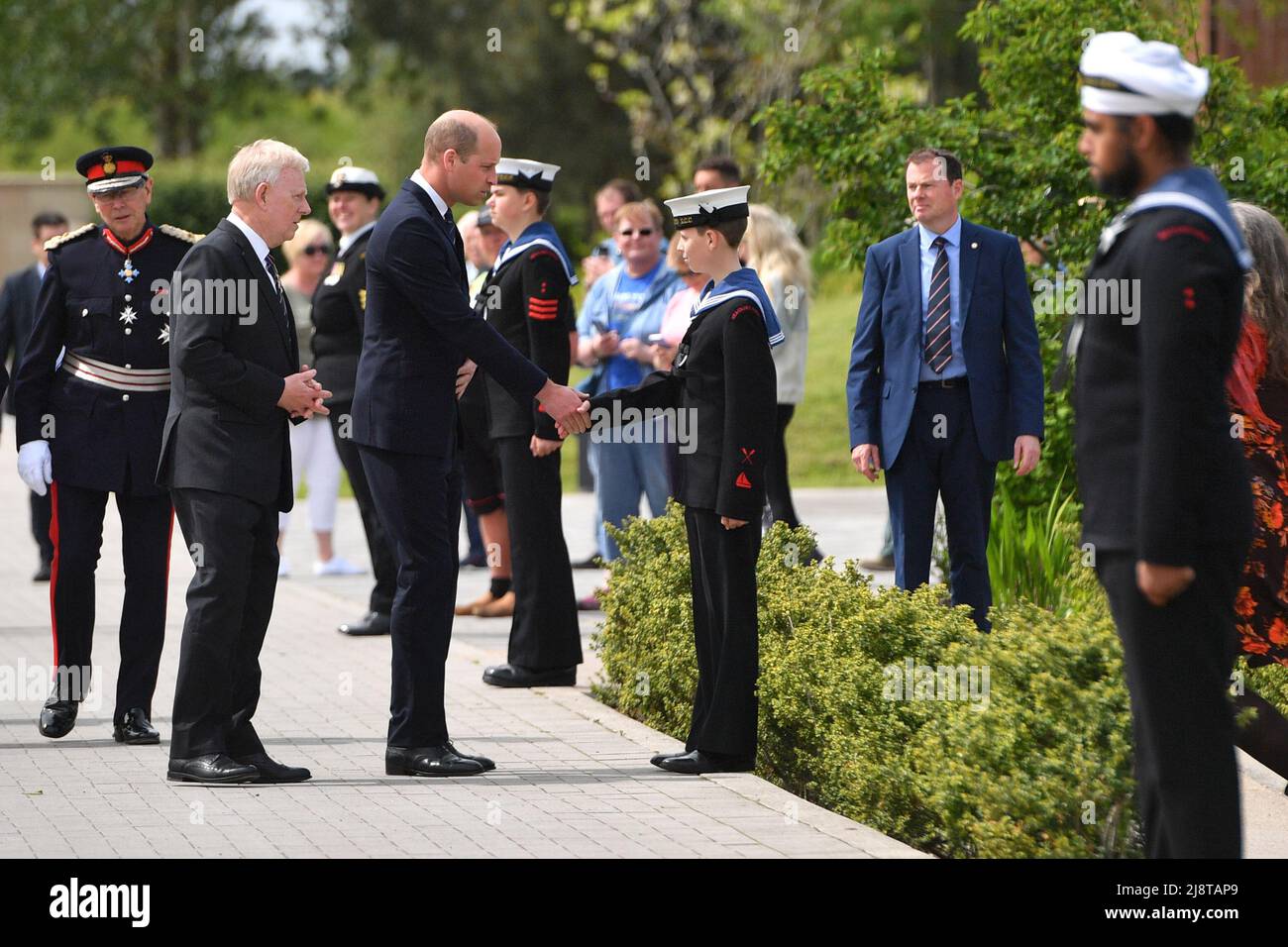 The Duke of Cambridge speaks with sea cadets during the unveiling of a submariners memorial at the National Memorial Arboretum in Staffordshire. Picture date: Wednesday May 18, 2022. Stock Photo