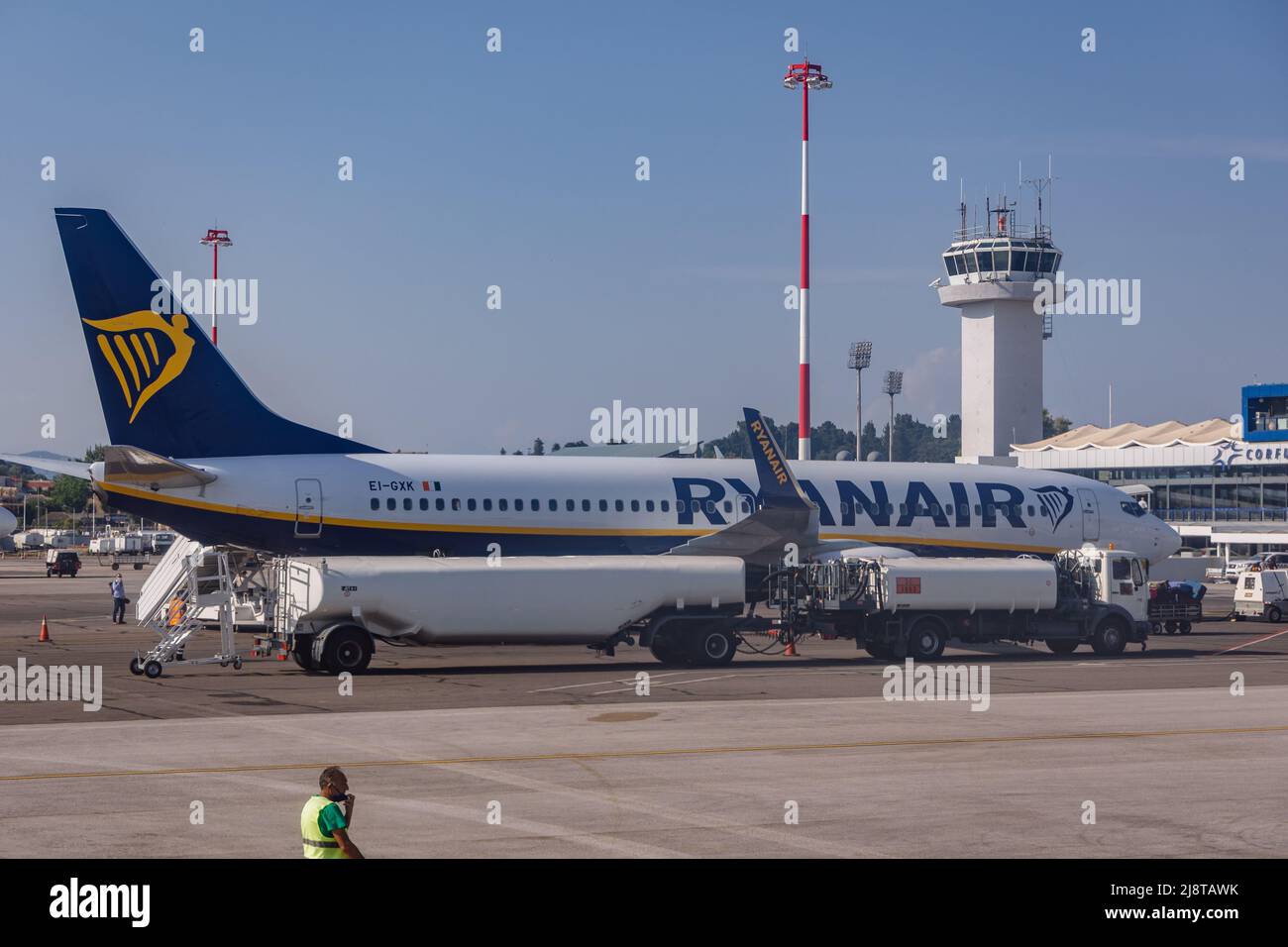 Boeing 7378AS Ryanair plane on Corfu International Airport Ioannis
