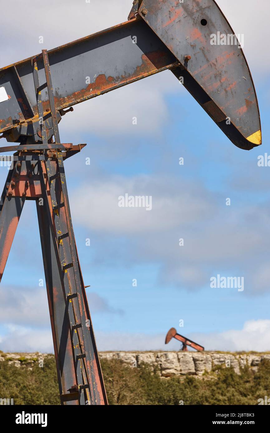 Oil pumping machines platforms. Pump jack. Petroleum extraction. Resource Stock Photo