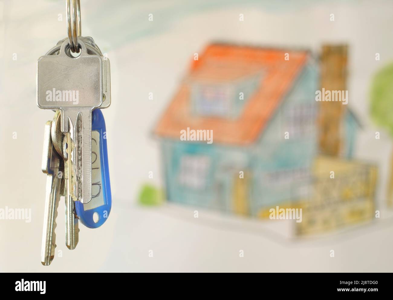 latchkey with key fob and blurred home in the back,buying house,real estate concept.Selective focus,free copy space Stock Photo