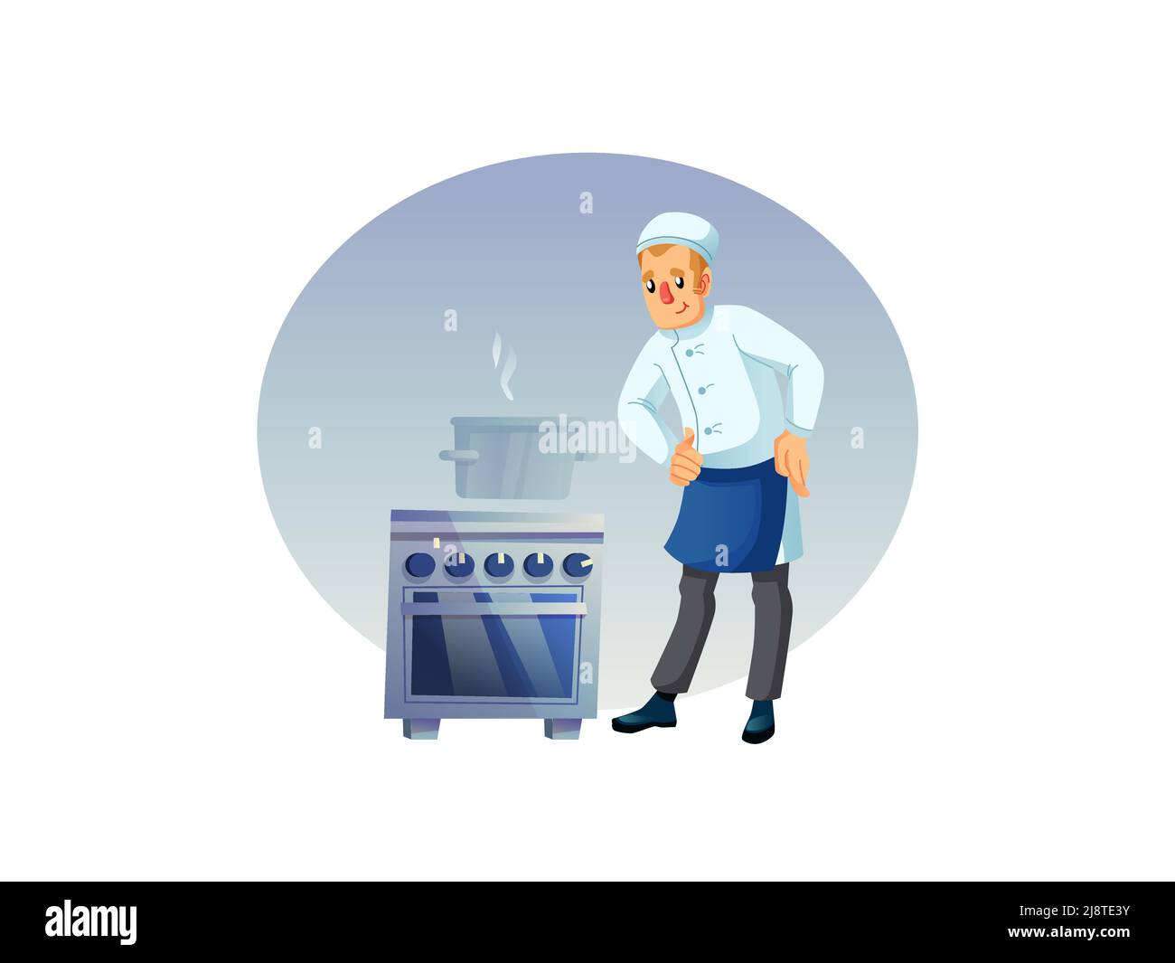 Flat cartoon man character chef cooks meal in saucepan,professional