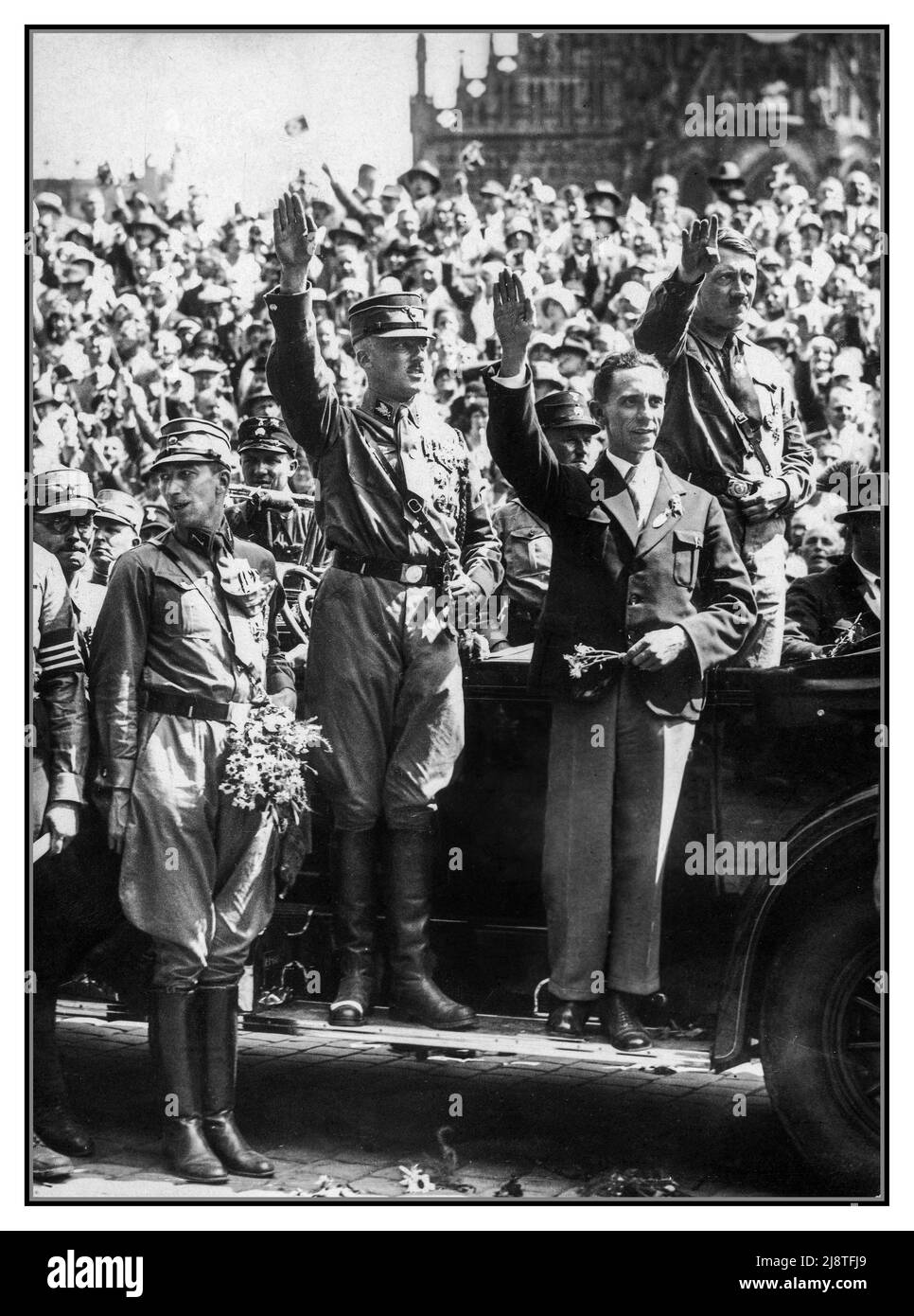 NUREMBERG 1920s  Adolf Hitler (Nazi party leader), Joseph Goebbels (Gauleiter in Berlin), Franz Pfeffer von Salomon (leader of the Sturmbleitung  SA), etc. at the Nuremberg rally 1929, the Nazi Party Congress held in Nuremberg, Germany on August 1–4. Nazi salutes, brownshirt uniforms Stock Photo