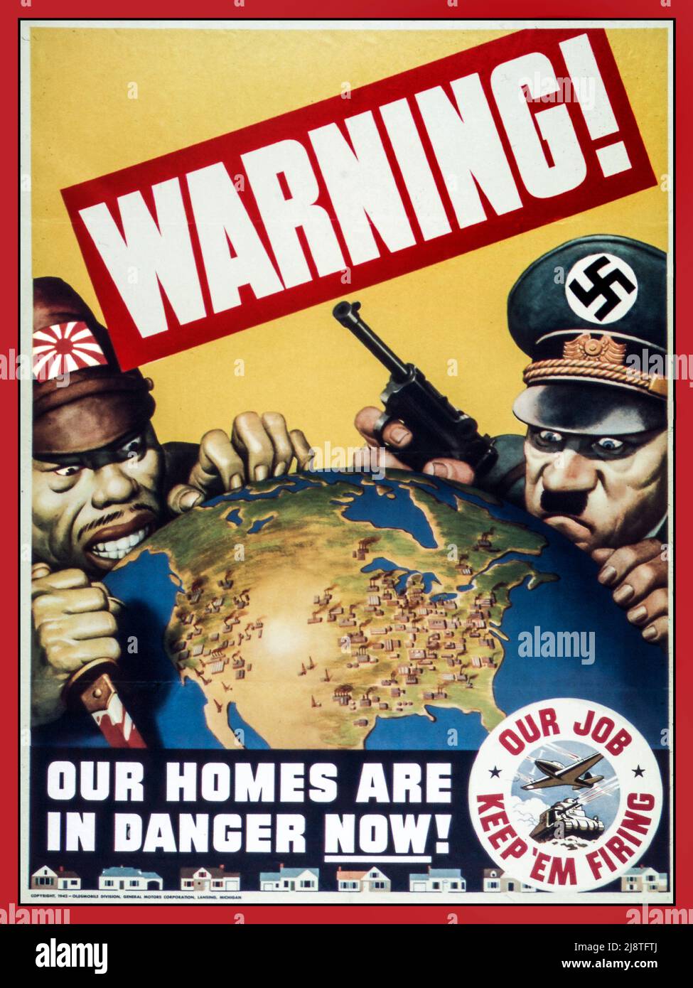 WW2 USA Propaganda Poster 'WARNING - OUR HOMES ARE IN DANGER NOW' warring cartoon caricatures of Hideki Tojo of Japan and Adolf Hitler Nazi Germany. Peering over a 3d map of The USA America Date between 1941 and 1945 Office for Emergency Management. Office of War Information. Domestic Operations Branch. Bureau of Special Services. (03/09/1943 - 09/15/1945) Stock Photo