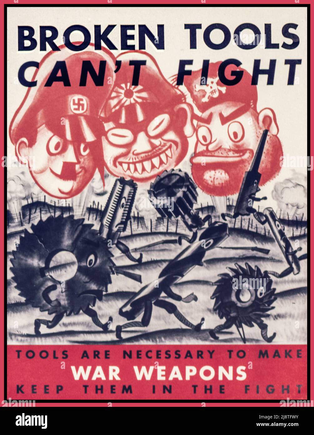 USA WW2 Propaganda Poster featuring the Axis leaders as cartoon caricatures , Adolf Hitler, Hideki Tojo and Benito Mussolini 'Broken tools can't fight. Tools are necessary to make war weapons. Keep them in the fight'. World War II Second World War Date between circa 1942 and circa 1943  Office for Emergency Management. War Production Board. (01/1942 - 11/03/1945) Stock Photo