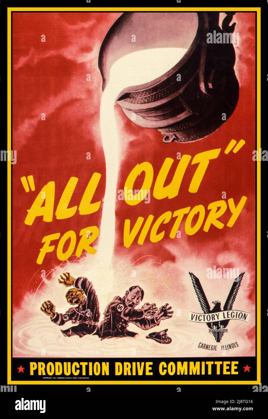WW2 USA Propaganda Poster for War Industrial output 'All out' for victory'. 'Production Drive Committee'  Axis leaders Hideki Tojo, Japan and Adolf Hitler Nazi Germany caricatures are seen with industrial hot metal being poured on them. Date between circa 1942 and circa 1943  Office for Emergency Management. War Production Board. (01/1942 - 11/03/1945) USA America Stock Photo