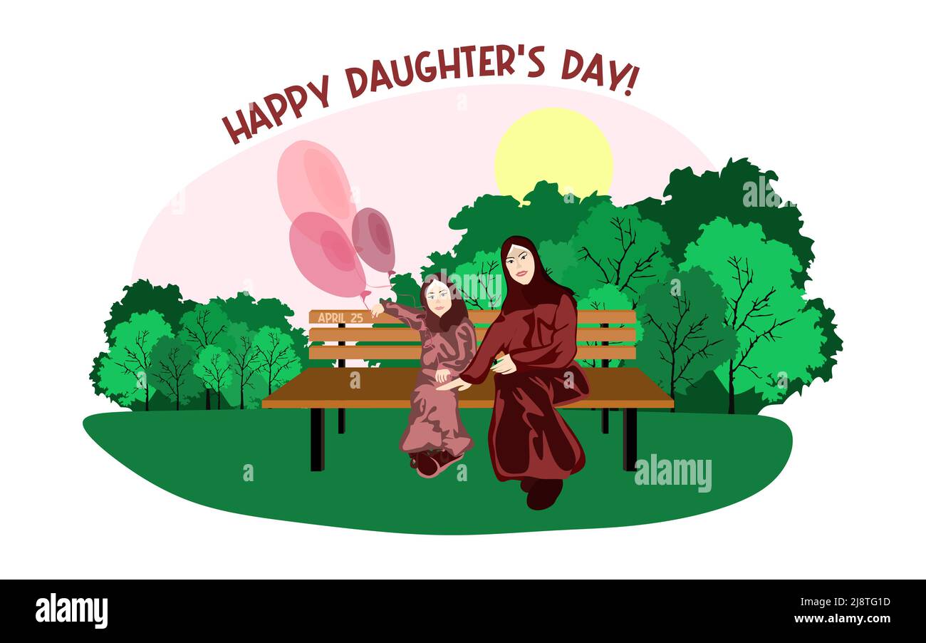 Happy Muslim family sits on a park bench in sunny weather with balloons vector illustration Stock Vector