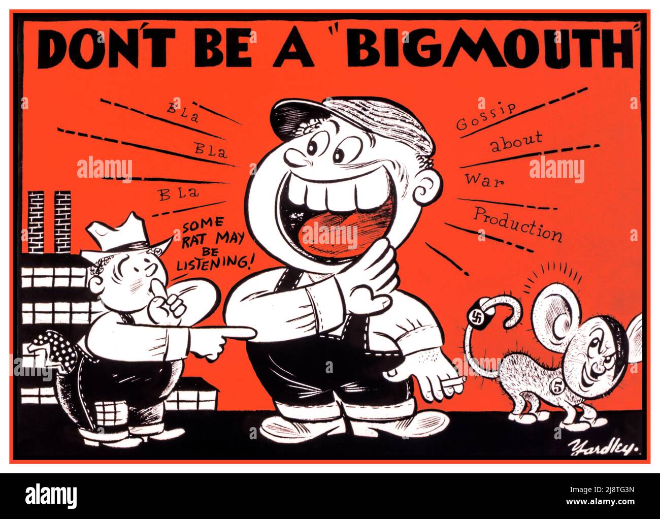 WW2 USA Propaganda Poster asking war workers not to pass on details of their work and industrial output 'Don't be a bigmouth' A cartoon caricature of a rat styled like Nazi Germany Adolf Hitler with a swastika on his tail. Date between circa 1942 and circa 1943 Office for Emergency Management. War Production Board. (01/1942 - 11/03/1945) Stock Photo