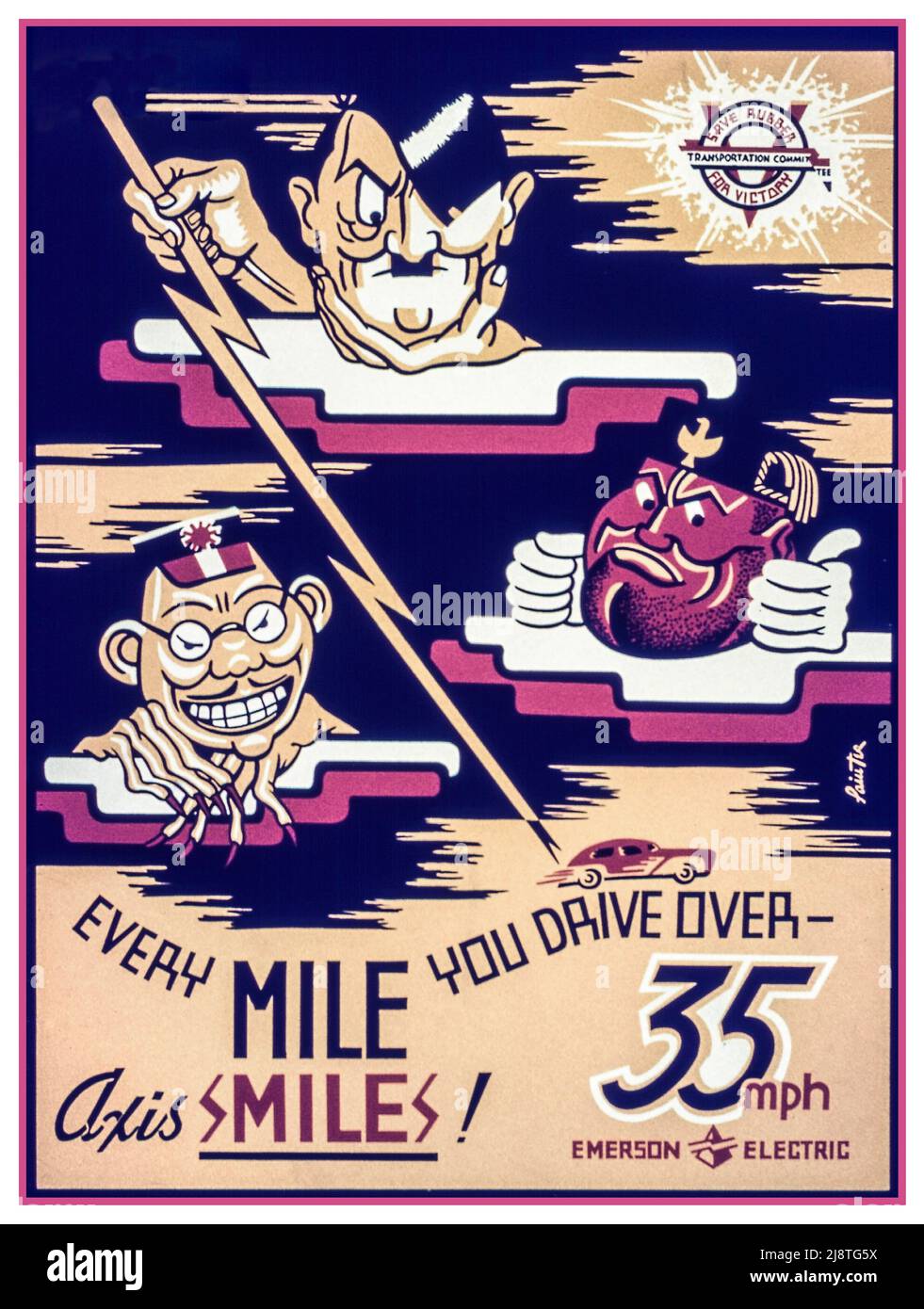 American Propaganda Information Poster WW2 Urging Fuel Economy with lower speed MPH   'Every Mile You Drive Over 35mph - Axis Smiles!  Cartoon caricatures of the Axis leaders, Adolf Hitler Nazi Germany, Hideki Tojo Imperial Japan and Benito Mussolini Facist Italy Date between circa 1942 and circa 1943 Office for Emergency Management. War Production Board. (01/1942 - 11/03/1945) World War II Second World War Stock Photo