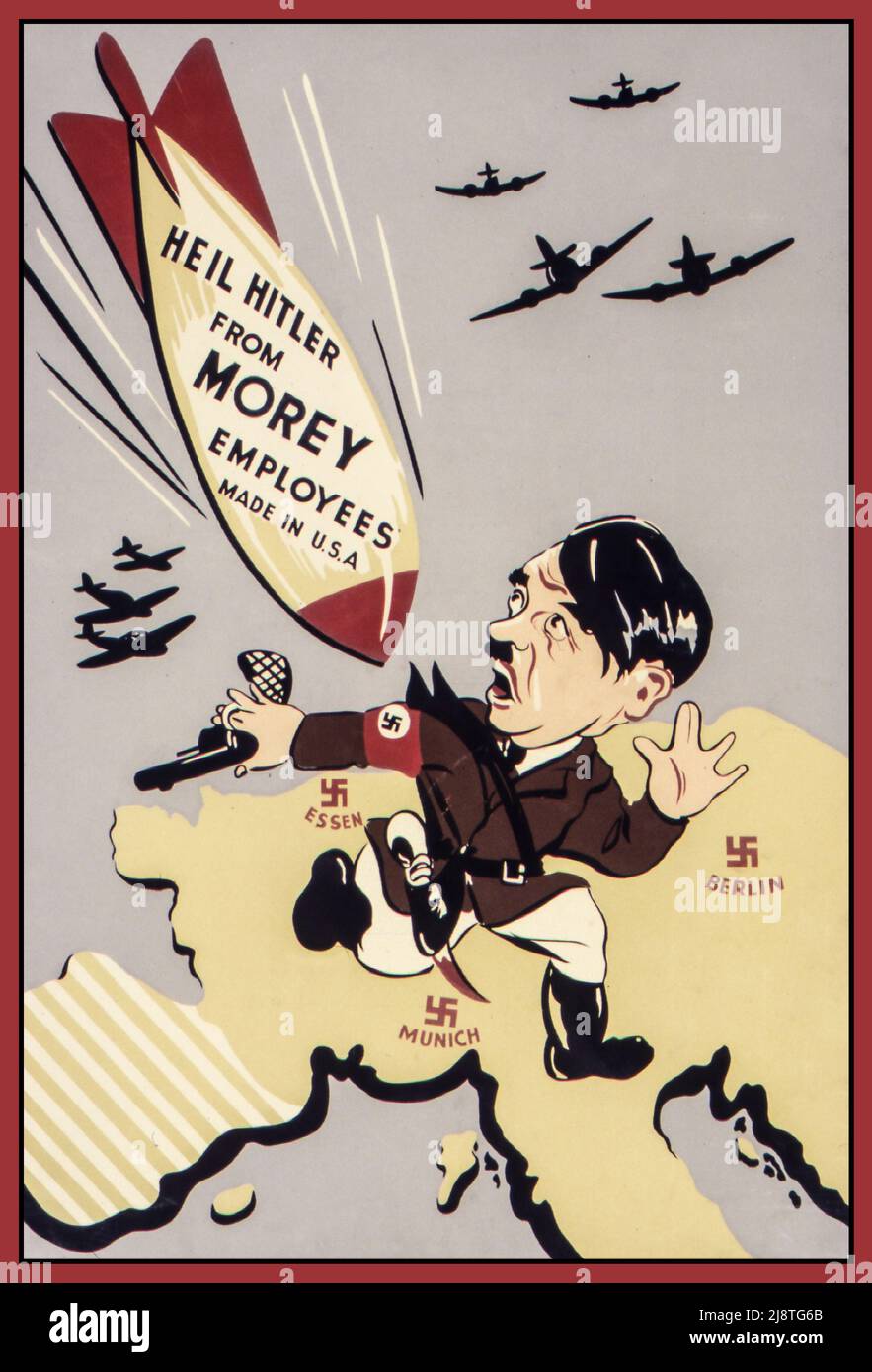 WW2 US Propaganda Poster featuring a running scared cartoon caricature Adolf Hitler over a swastika labeled Nazi Germany with an American Morey Munitions Bomb dropping.. 'Heil Hitler from Morey employees. Made in U.S.A' Date between circa 1942 and circa 1943 Office for Emergency Management. War Production Board. (01/1942 - 11/03/1945) World War II Second World War Stock Photo