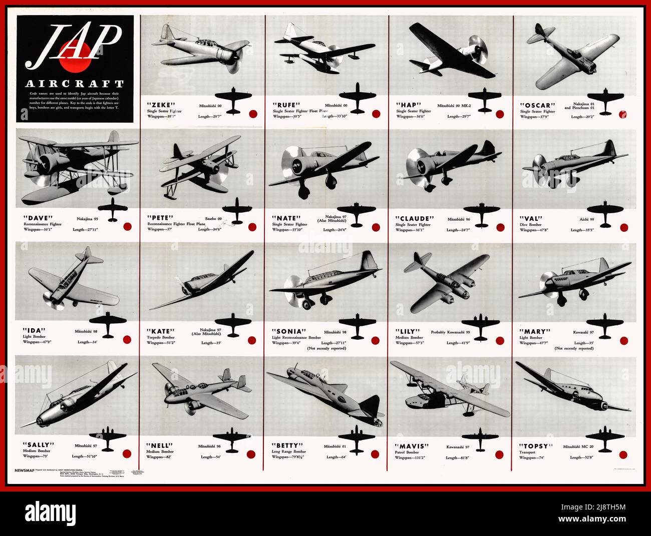 WW2 Japanese Aircraft Type Recognition Avaiation Poster Chart 1943 World War II Second World War 'JAP AIRCRAFT' Illustration Poster Identify shapes types silhouette Stock Photo